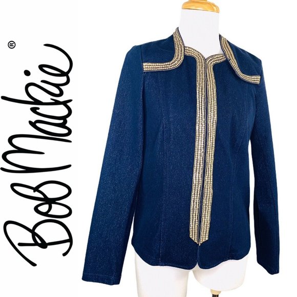 Bob Mackie Jackets & Blazers - BOB MACKIE Designer Vintage Military Denim Jacket Blazer Sequined Trim Stretchy